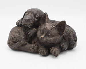 Bronzen beeld Hond en kat 12x15x19cm