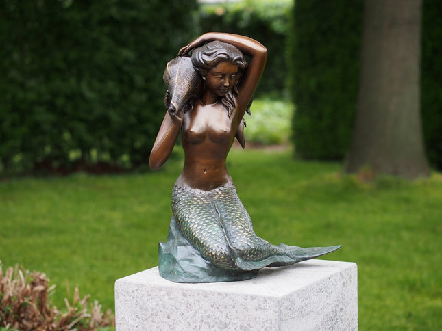 Bronzen beeld Zeemeermin met schelp 52x30x40cm