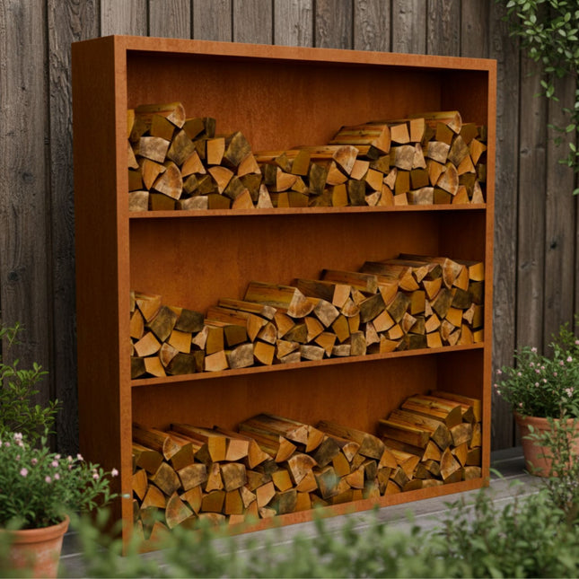 Cortenstalen houtopslag met 3 Vakken met achterwand 200x38,5x200 cm