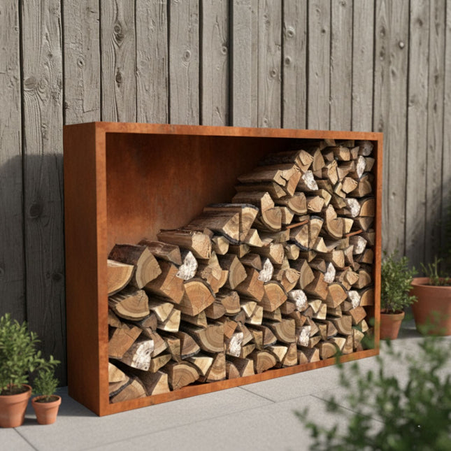 Cortenstalen houtopslag met achterwand 200x38,5x200 cm
