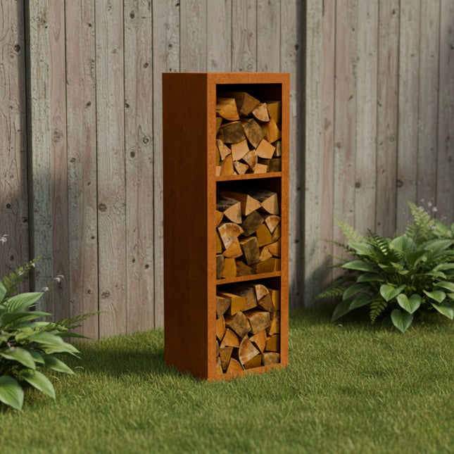 Cortenstalen houtopslag met 3 Vakken met achterwand 50x38,5x150 cm