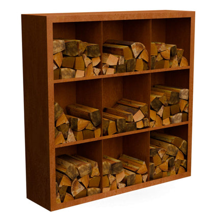 Cortenstalen houtopslag met 9 Vakken met achterwand 150x38,5x150 cm