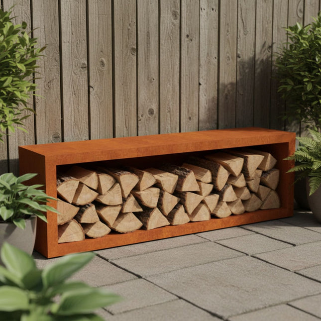 Cortenstalen houtopslag met achterwand 150x38,5x50 cm