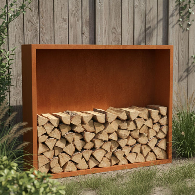 Cortenstalen houtopslag met achterwand 200x38.5x150 cm