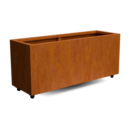 Langwerpige cortenstalen plantenbak met wielen 150x50x60 cm