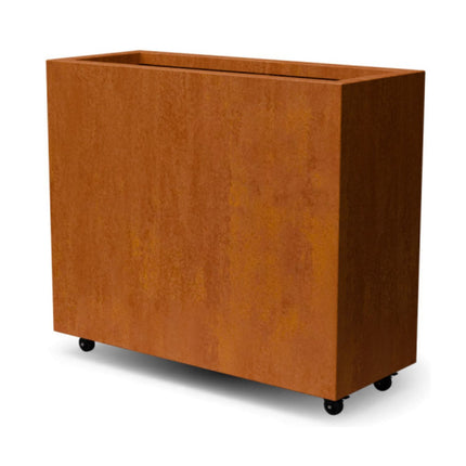 Langwerpige cortenstalen plantenbak met wielen 100x40x80 cm