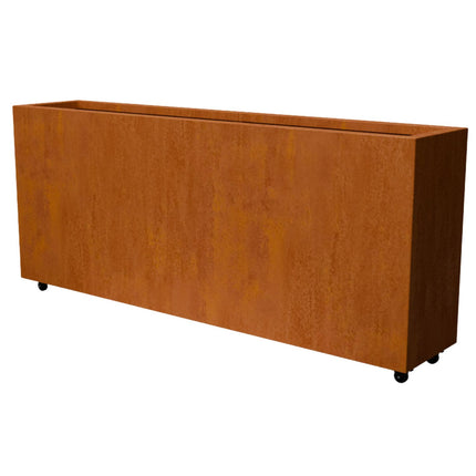 Langwerpige cortenstalen plantenbak met wielen 200x40x80 cm