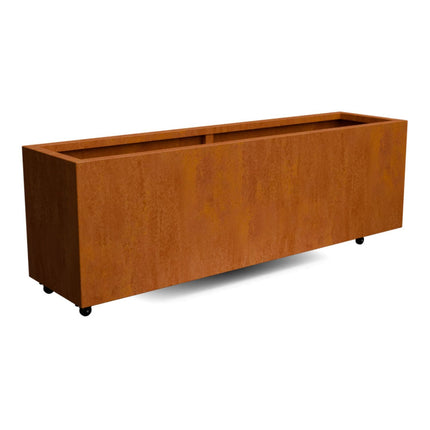 Langwerpige cortenstalen plantenbak met wielen 200x50x60 cm