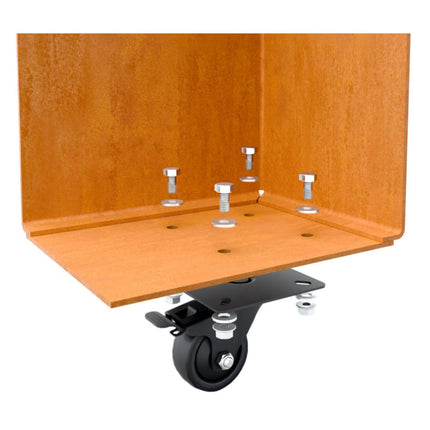 Langwerpige cortenstalen plantenbak met wielen 90x30x80 cm