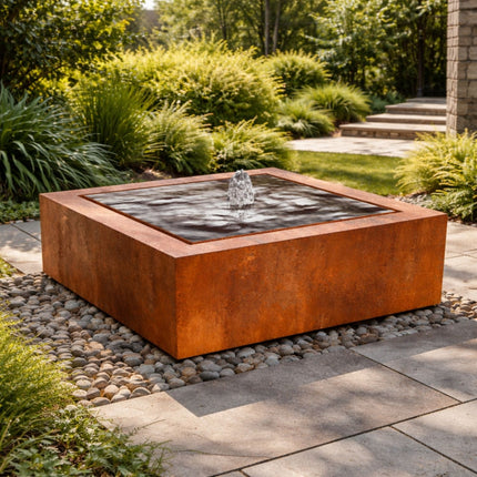 Vierkante cortenstalen watertafel met fontein 120x120x40cm 115kg