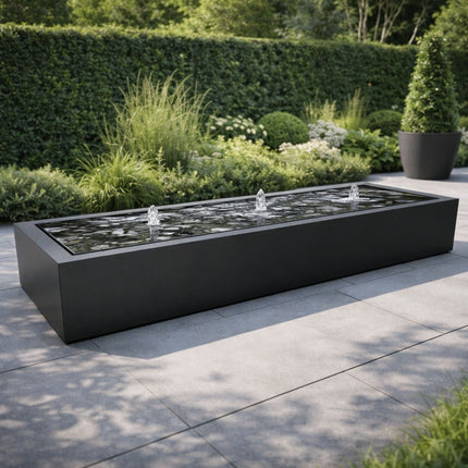 Langwerpige aluminium watertafel met fonteinen 300x80x40cm 70kg - Gitzwart (RAL 9005) - Doika - Watertafel - Geroba -  - TaulaAA7