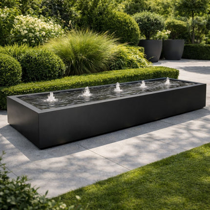Langwerpige aluminium watertafel met fonteinen 400x100x40cm 103kg - Gitzwart (RAL 9005) - Doika - Watertafel - Geroba -  - TaulaAA4