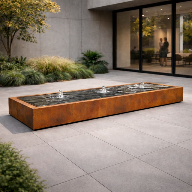 Langwerpige cortenstaal watertafel met fonteinen 300x60x40cm 165kg - Doika - Watertafel - Geroba -  - TaulaAC9