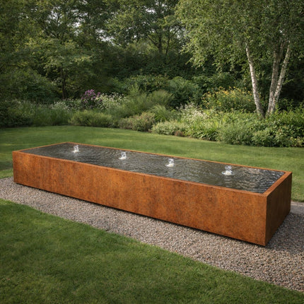 Langwerpige cortenstaal watertafel met fonteinen 400x100x40cm 299kg - Doika - Watertafel - Geroba -  - TaulaAC4