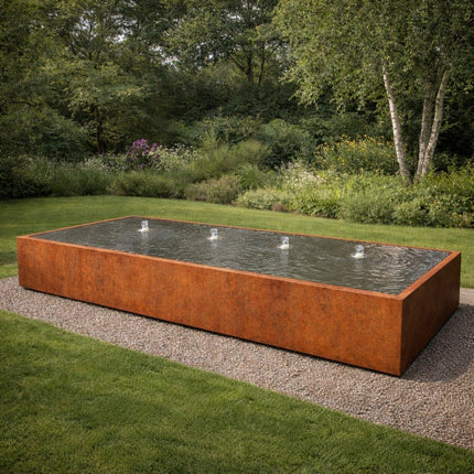 Langwerpige cortenstaal watertafel met fonteinen 400x150x40cm 371kg - Doika - Watertafel - Geroba -  - TaulaAC3