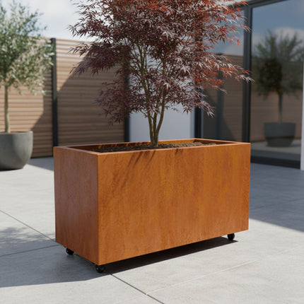 Langwerpige cortenstalen plantenbak met wielen 120x50x60 cm - Doika - Plantenbak - Geroba -  - ArtesaWH14