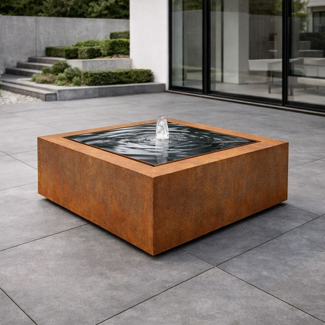 Vierkante cortenstalen watertafel met fontein 80x80x40cm 50kg - Doika - Watertafel - Geroba -  - TaulaQC3